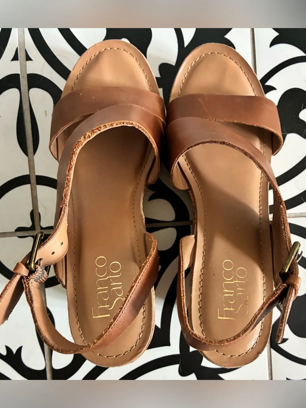Women’s Tan Leather Cork Wedge Sandals - Classic Strappy Style size 8